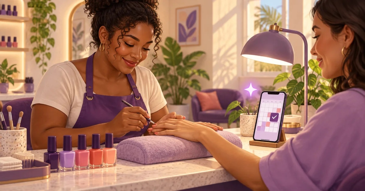 Manicure atendendo uma cliente em mesa organizada, com esmaltes e celular exibindo um calendário ilustrado.