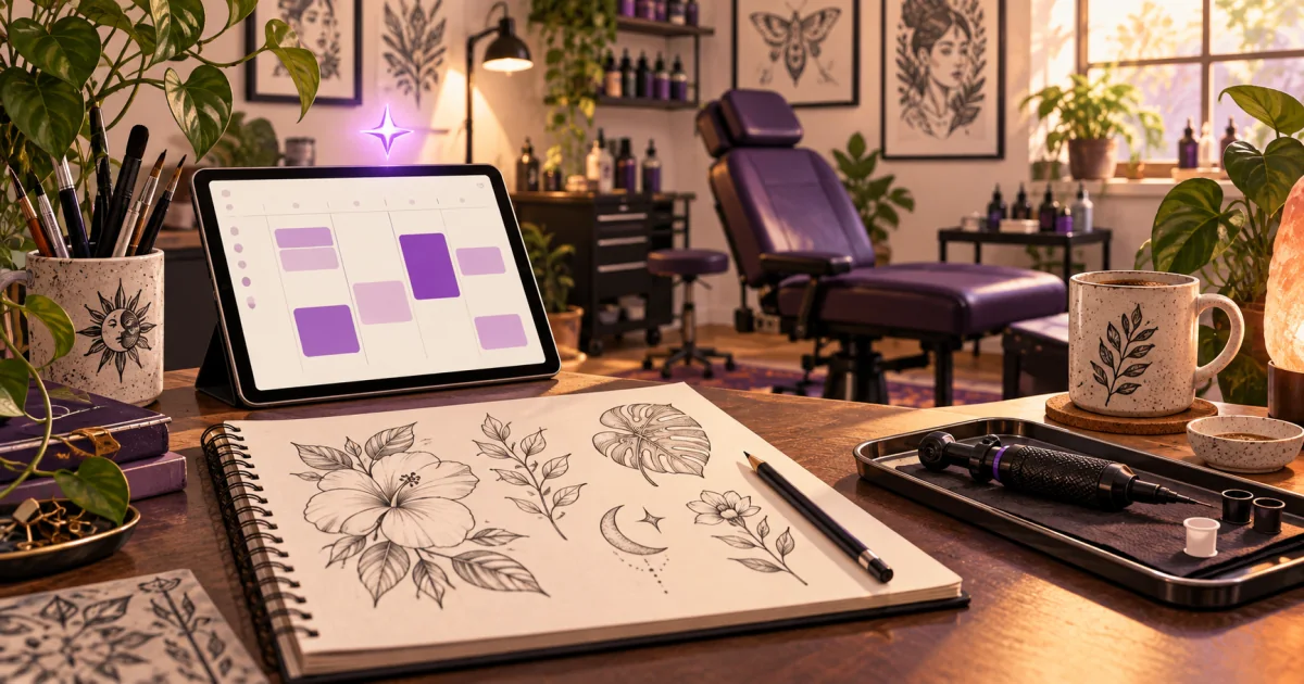 Mesa de estúdio de tatuagem com desenhos botânicos, equipamentos e tablet com blocos de horários no calendário.